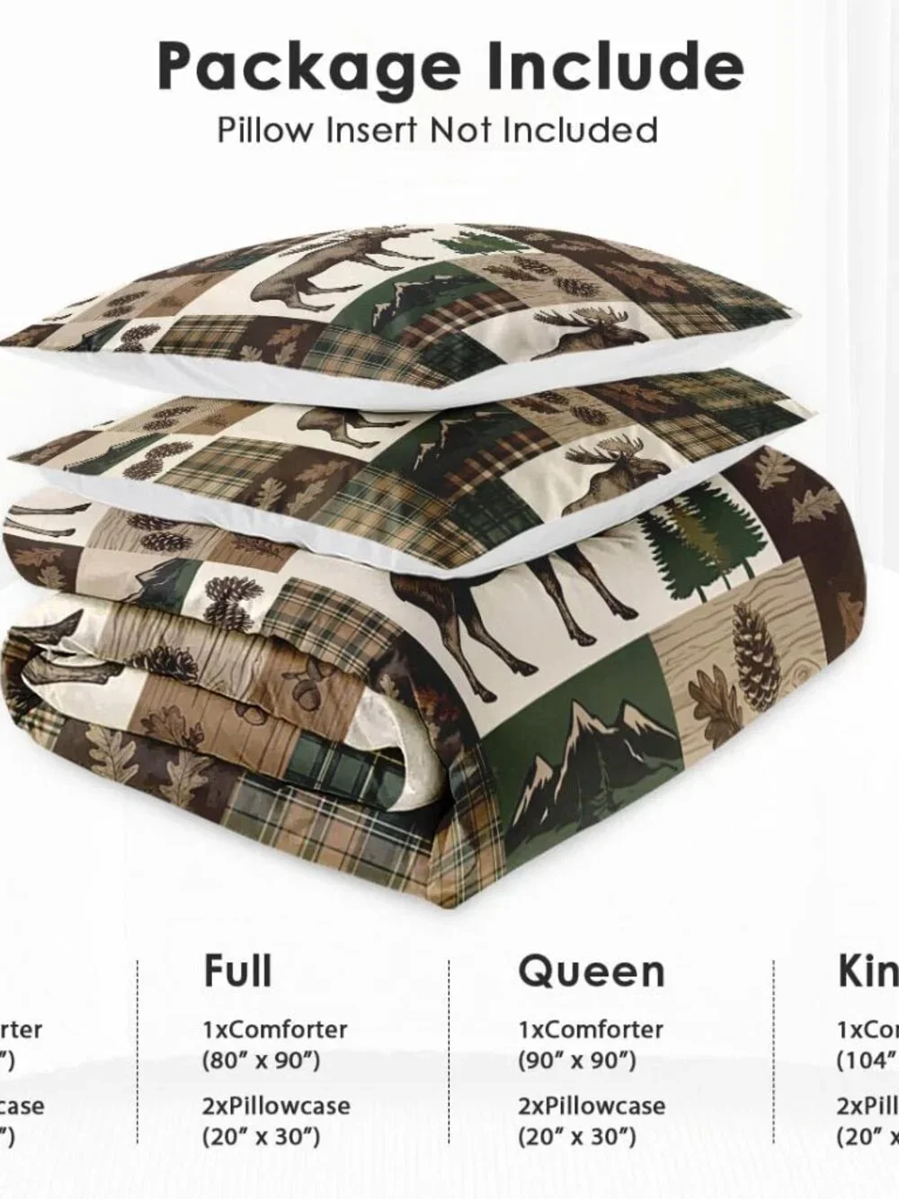 3 Pcs Queen Size Comforter Set with 2 Pillowcases, Moose Rustic Patchwork Soft B